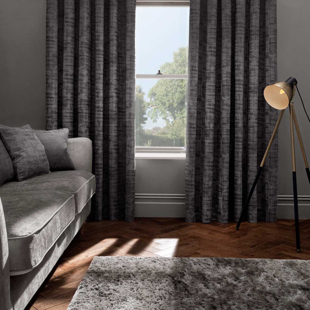 Naples Embossed Velvet Curtains By Clarke And Clarke in Smoke Grey